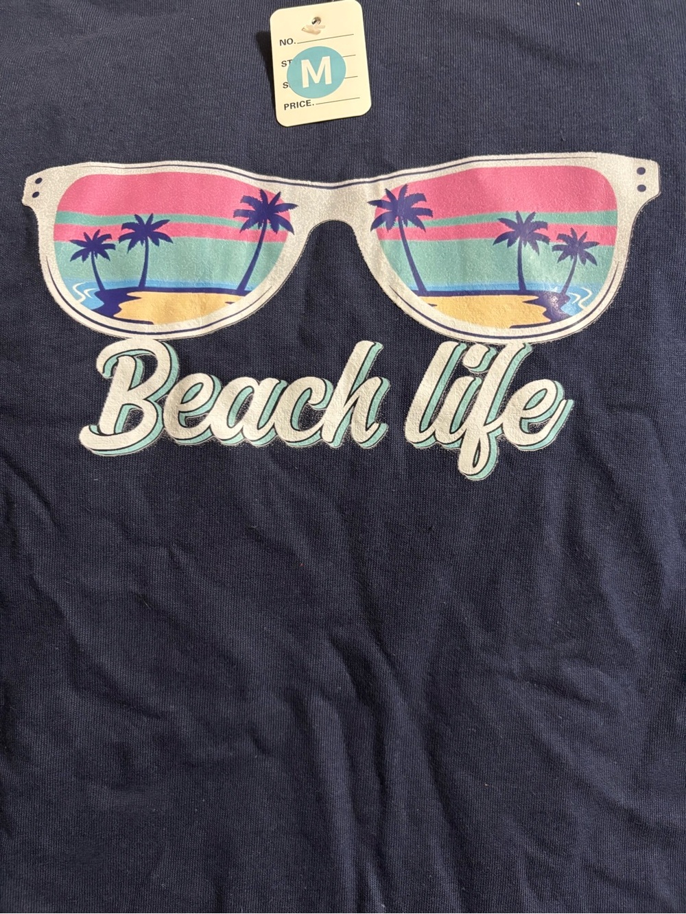 NEW Beach Life Sunglasses Graphic Tee - Navy with Pink & Teal size Medium